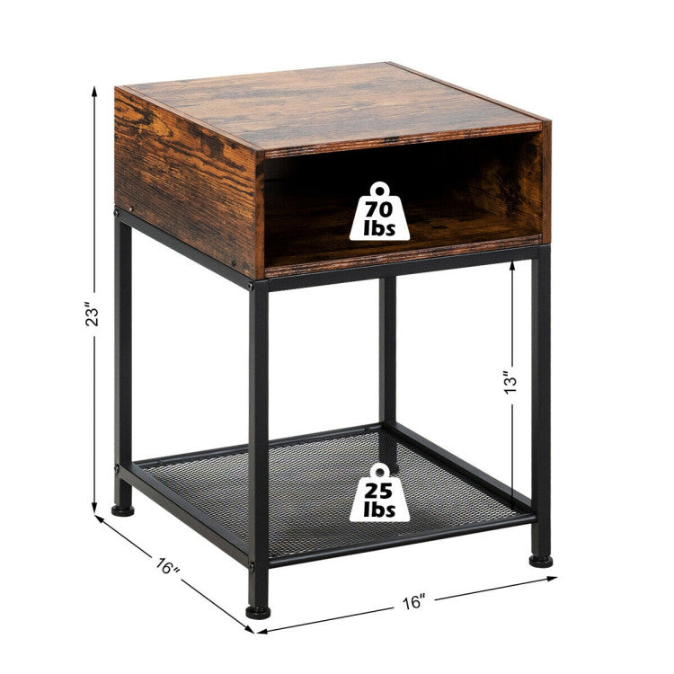 Industrial Nightstand End Side Table with Mesh Shelf