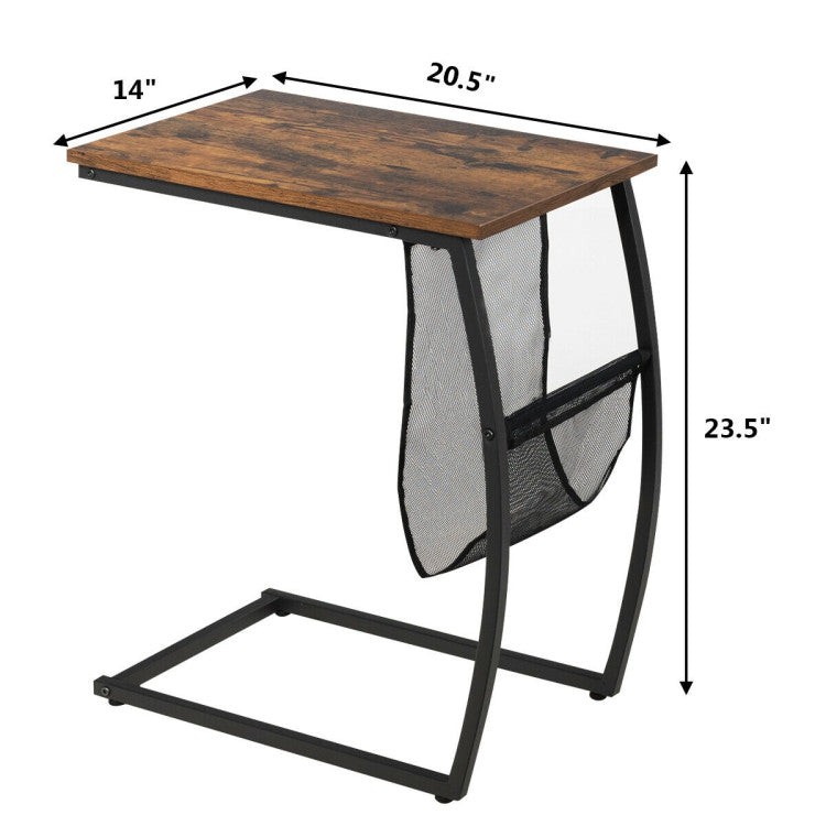 C-Shaped Vintage End Table with Side Pocket and Metal Frame