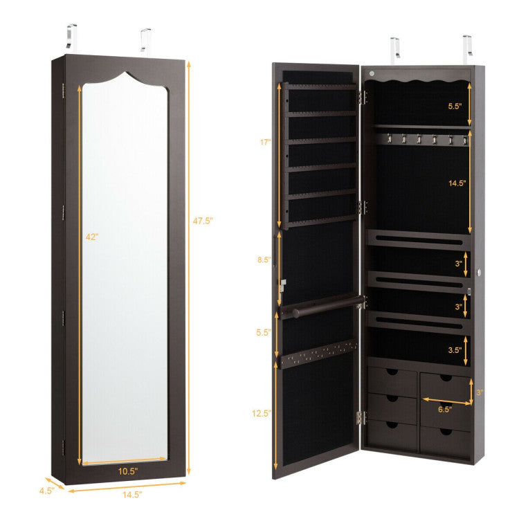 Lockable Wall Mounted Mirror Jewelry Armoire with 5 Leds and 6 Drawers