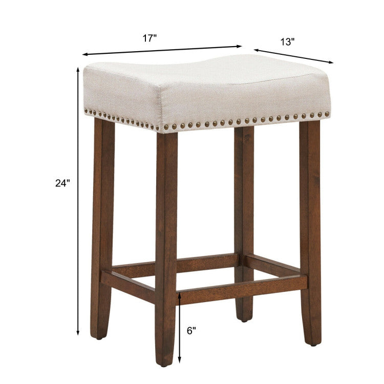 24 Inch 2 Pieces Nailhead Saddle Bar Stools with Fabric Seat and Wood Legs