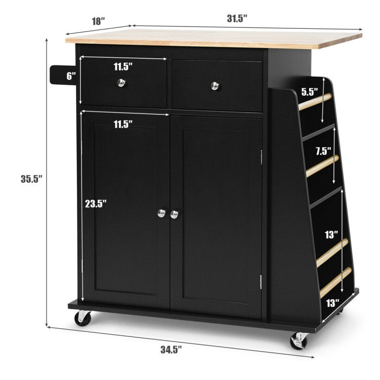 Rubber Wood Countertop Rolling Kitchen Island Cart