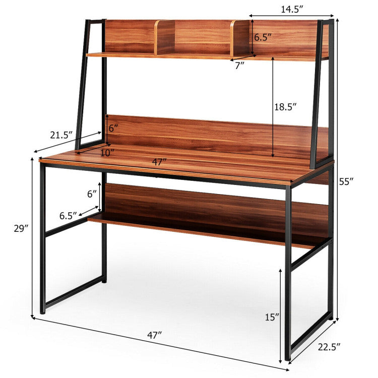 47 Inch Computer Desk with Open Storage Space and Bottom Bookshelf