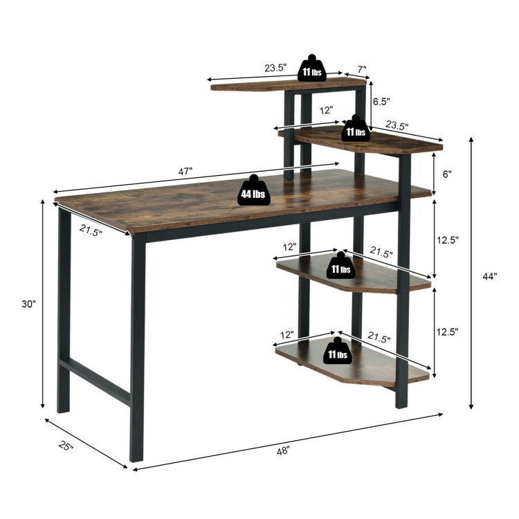 48 Inch Industrial Wooden Computer Desk with 4-Tier Storage Shelves