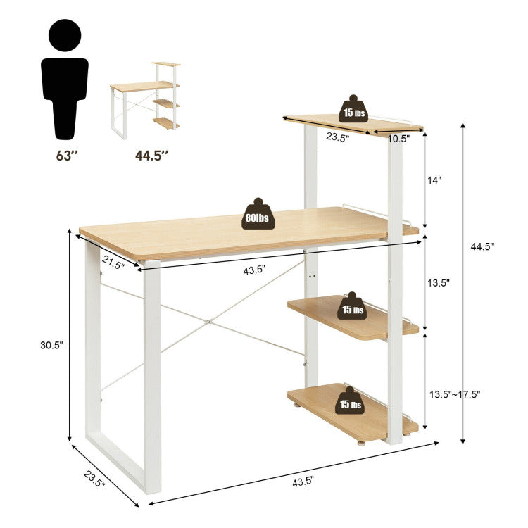 Reversible Computer Desk with 4 Tier Bookshelves and Spacious Desktop