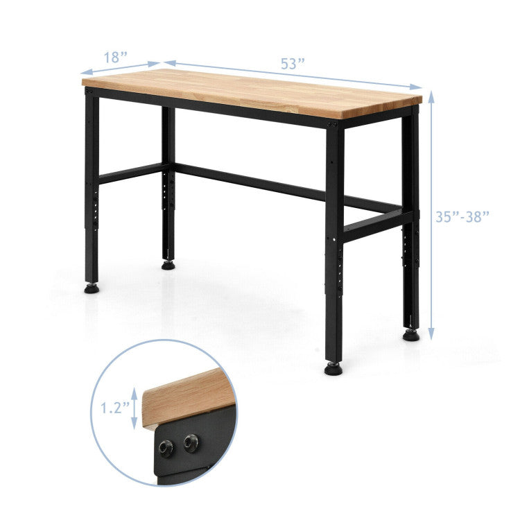 53 Inch Adjustable Heavy-Duty Workbench with Rubber Wood Top