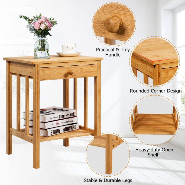 Multipurpose Bamboo End Table Nightstand with Drawer and Storage Shelf