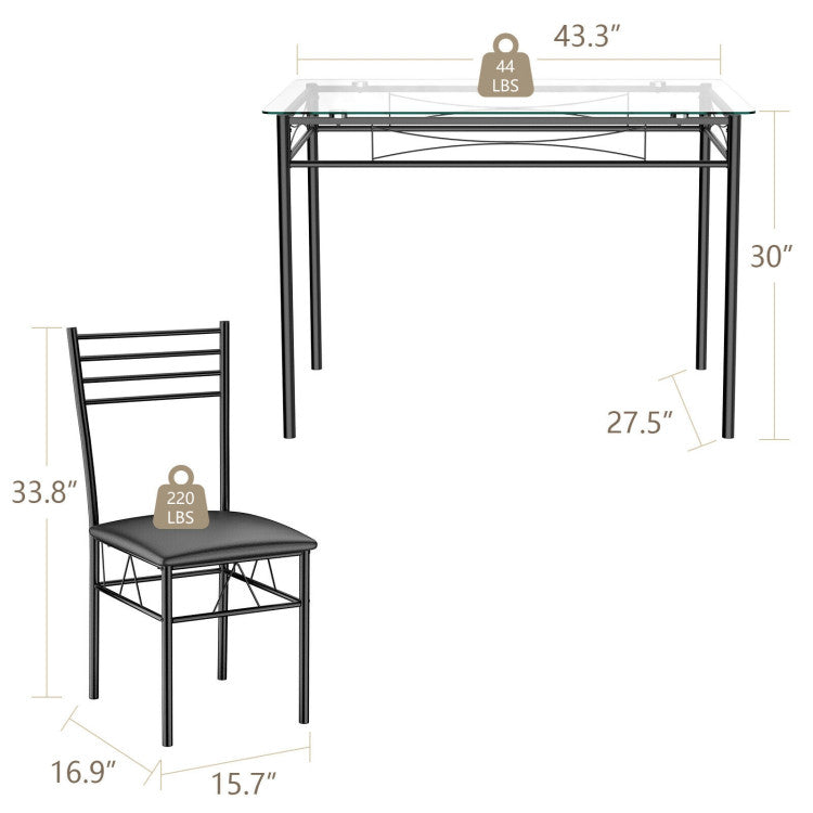 5 Pieces Dining Set with Tempered Glass Top Table and 4 Upholstered Chairs