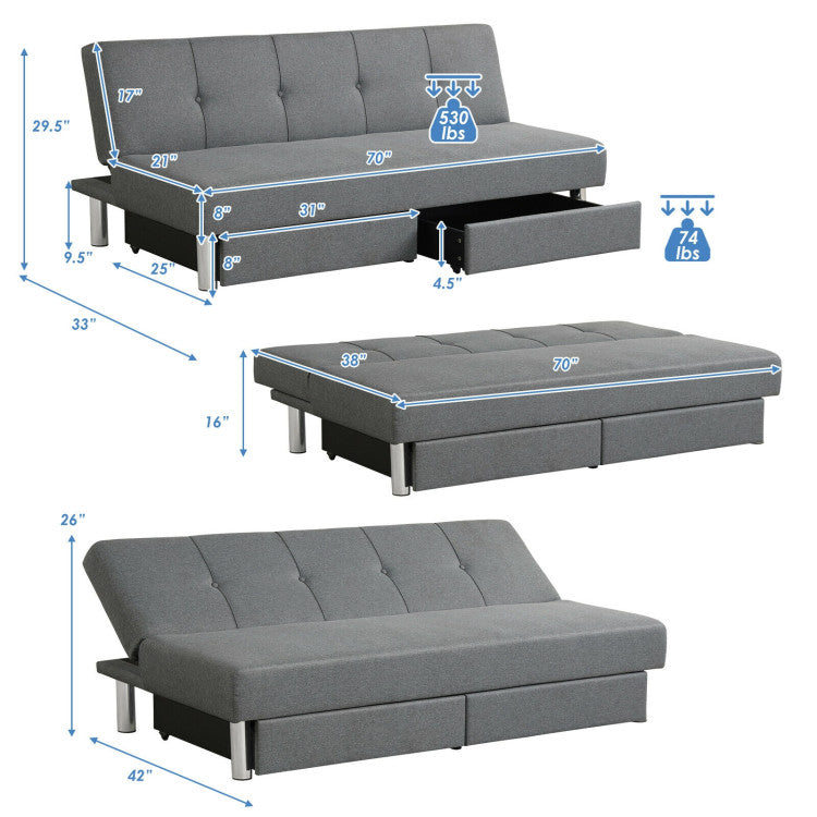 3-Seat Convertible Sofa Bed with 2 Large Drawers and 3 Adjustable Angles