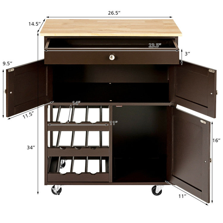 Kitchen Cart with Rubber Wood Top 3 Tier Wine Racks 2 Cabinets