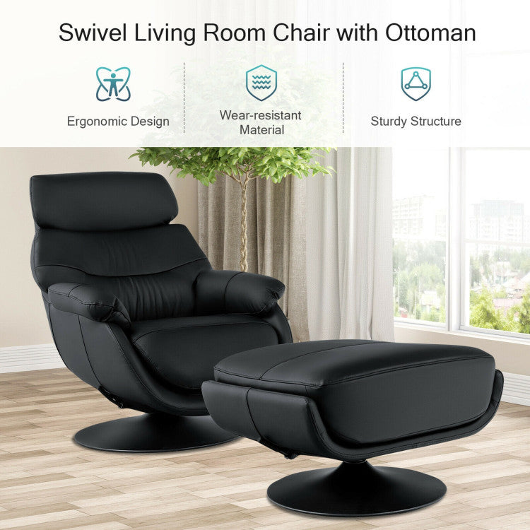 360° Swivel Leather Lounge Chair with Ottoman and Thick Footstool