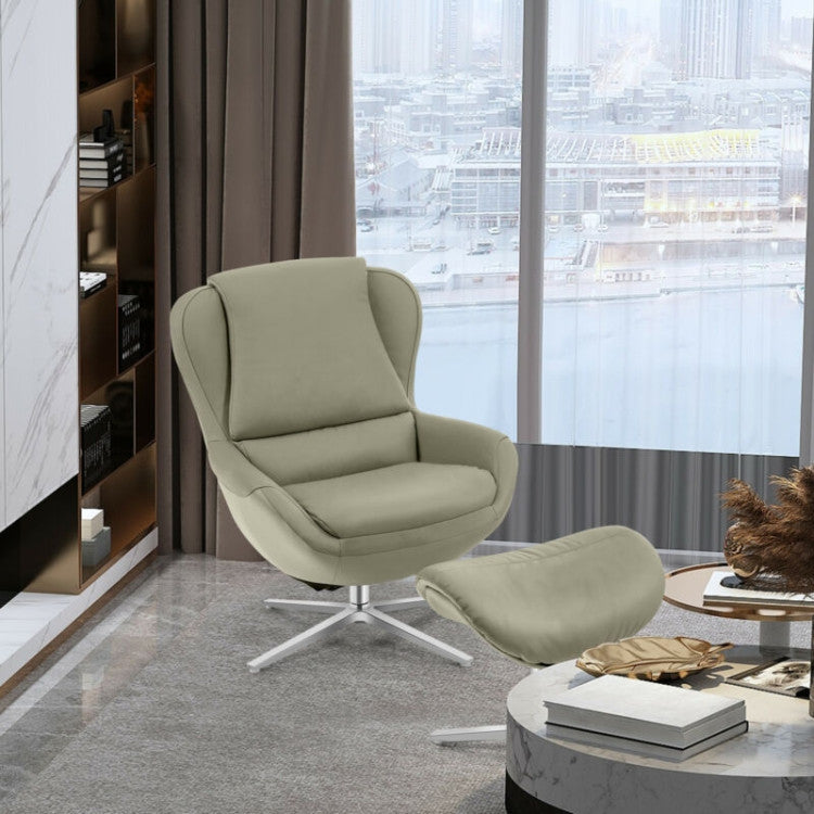 360° Swivel Leather Lounge Chair with Ottoman and Aluminum Alloy Base