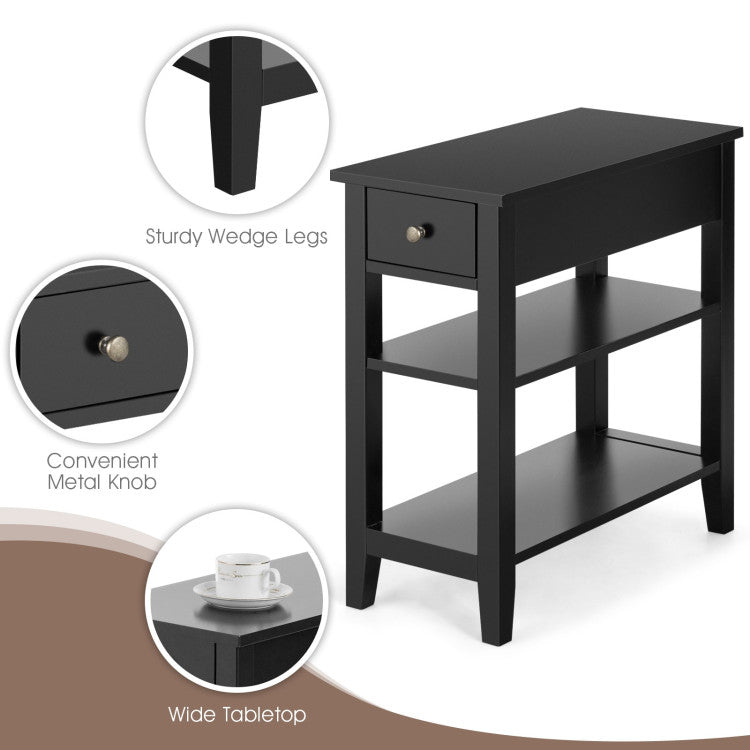 3-Tier End Table with Drawer Slideway and Double Shelves