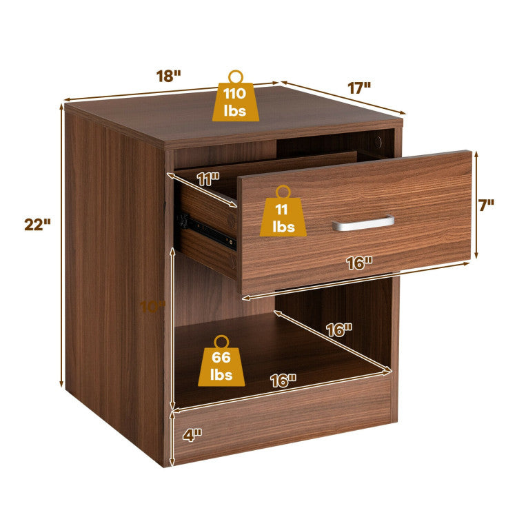 2-Tier Modern Wooden Nightstand with Storage Drawer and Open Cabinet