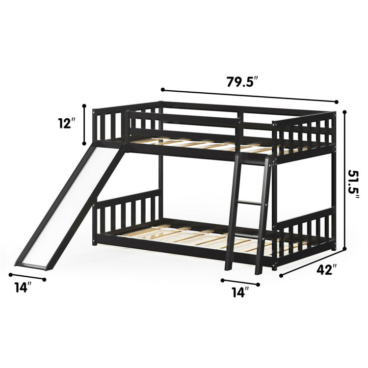 Twin over Twin Bunk Wooden Low Bed with Slide Ladder for Kids