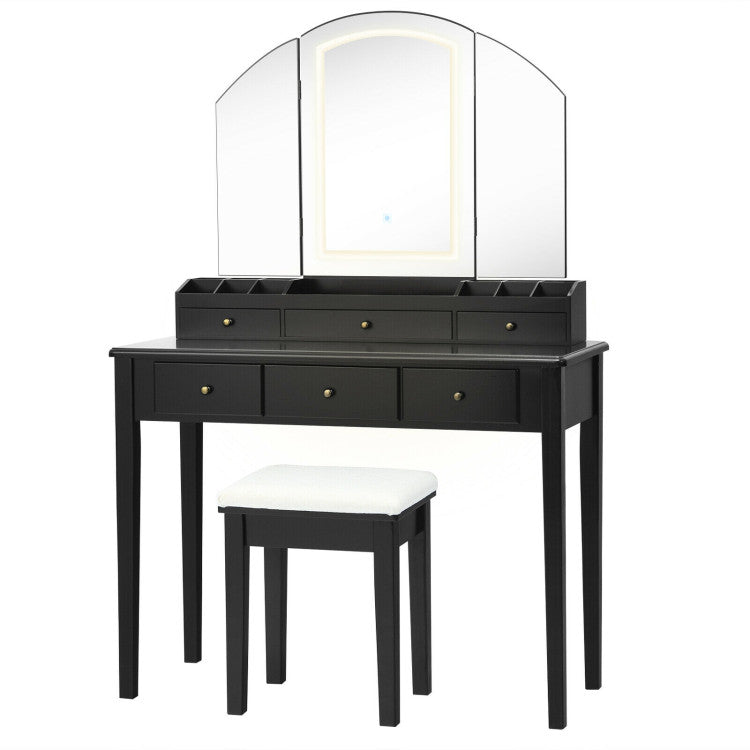 Vanity Table Stool Set with Large Tri-Folding Lighted Mirror