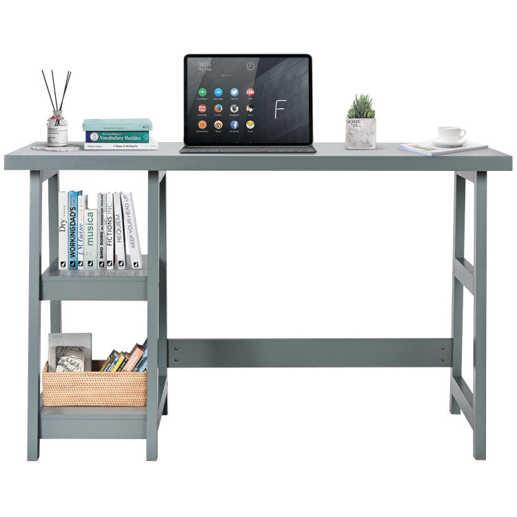 Wooden Trestle Computer Desk with 2-Tier Removable Shelves