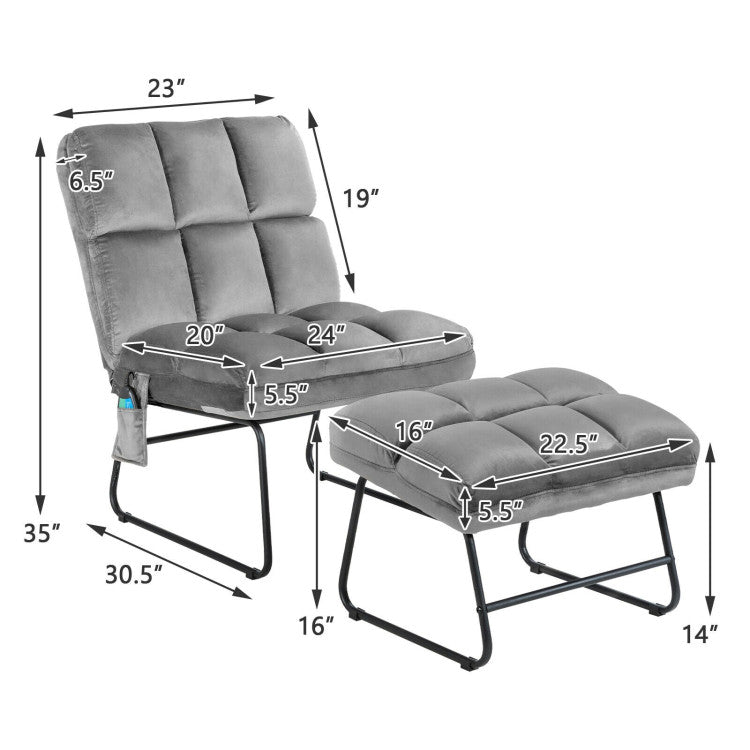 Velvet Massage Recliners with Ottoman Remote Control and Side Pocket