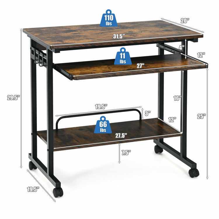 Rolling Computer Desk Cart with Keyboard Tray and CPU Stand