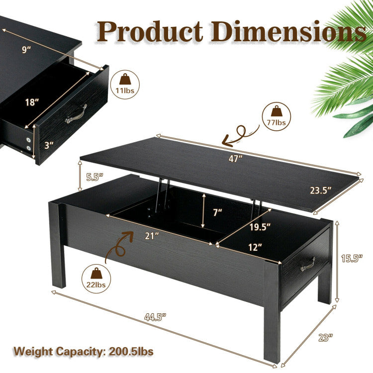 47 Inch Lift Top Coffee Table with Hidden Compartment and 2 Side Drawers