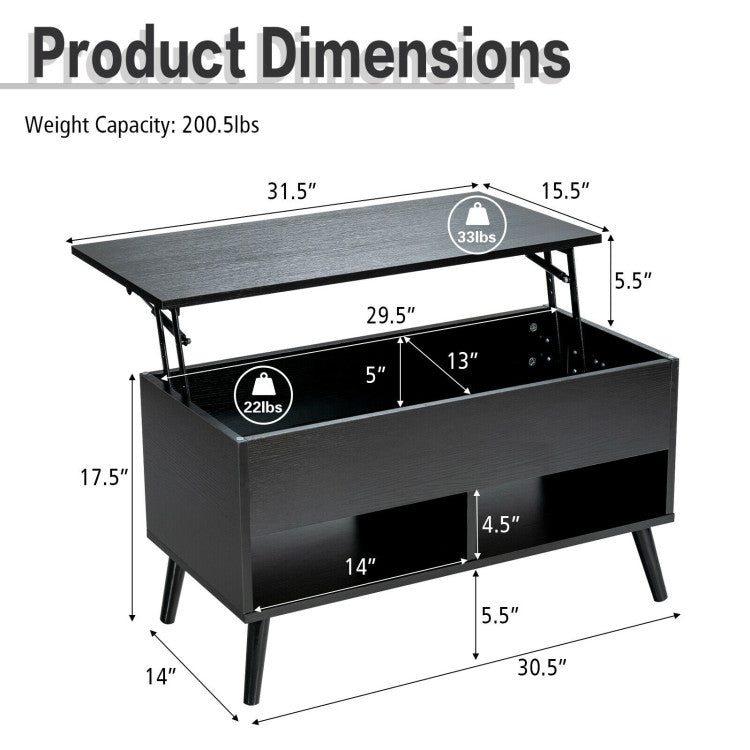 31.5 Inch Lift-Top Coffee Table with Hidden Storage and 2 Open Shelves