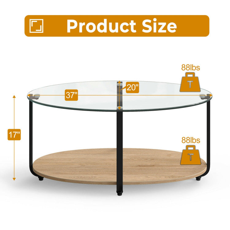 2-Tier Glass-Top Oval Coffee Table with Wooden Shelf for Living Room