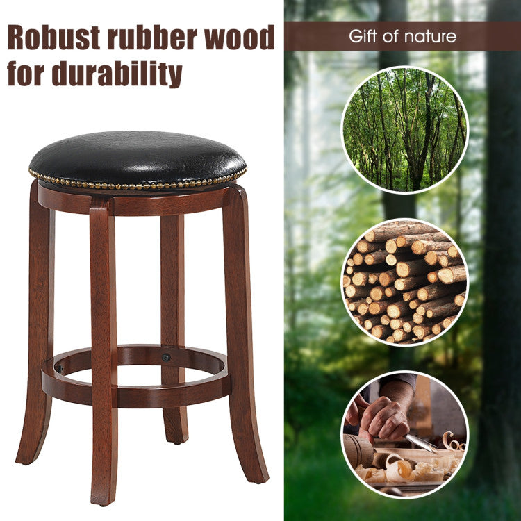 360 Degree Swivel Wooden Backless Bar Stool with Foot Rest and Cushioned Seat