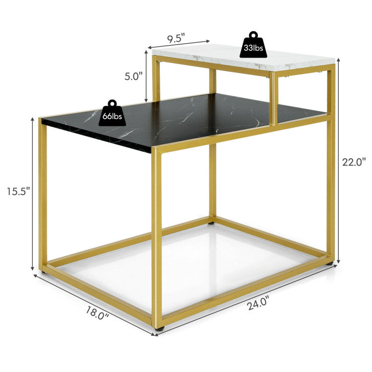 2-Tier Side Table with Metal Frame and Marble Finish Tabletop for Living Room