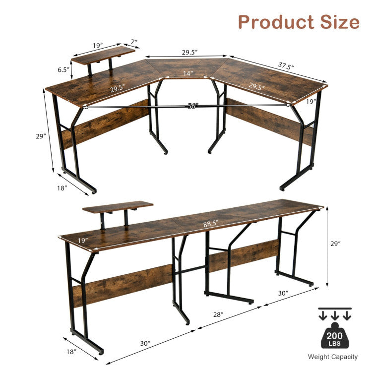 88.5 Inch L Shaped Reversible Computer Desk Table with Monitor Stand