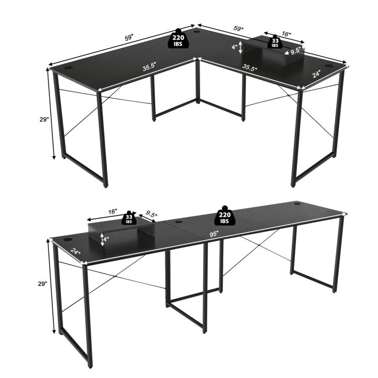 95 Inch 2-Person L-Shaped Long Reversible Computer Desk with Monitor Stand