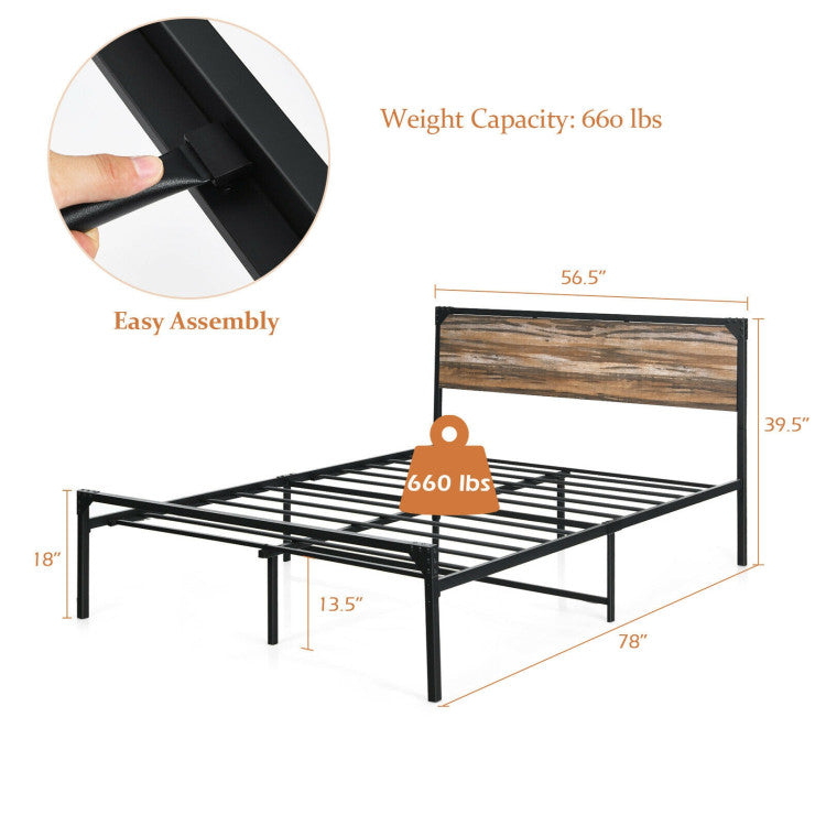 Metal Platform Bed Frame with Wooden Headboard