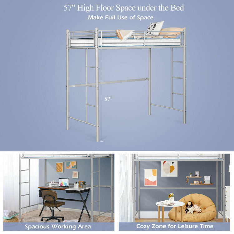 Twin Loft Bed Frame with 2 Ladders Full-Length Guardrail