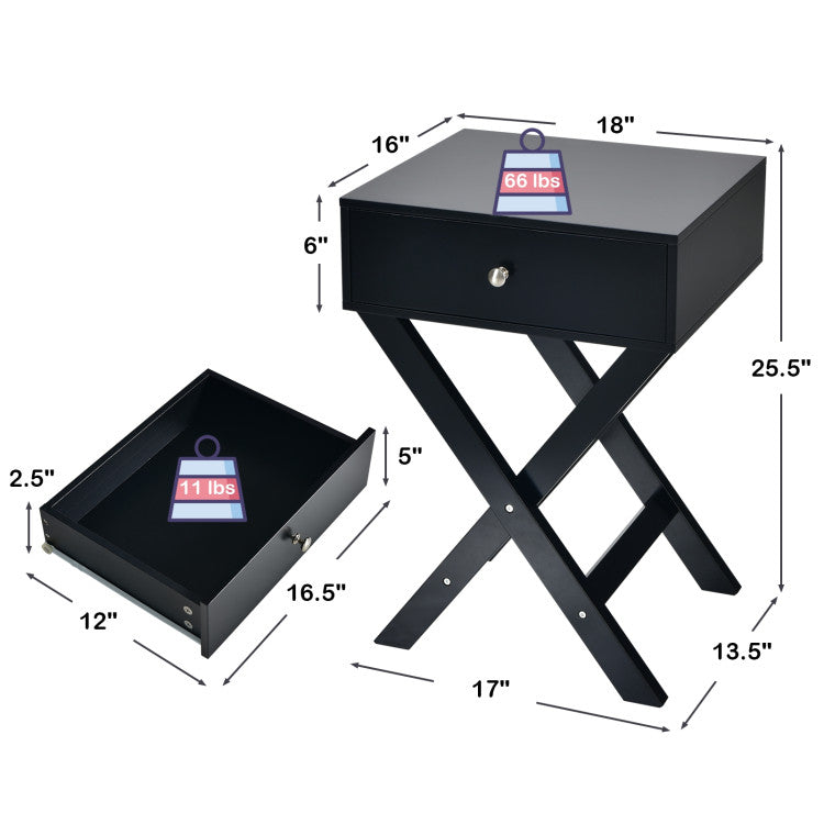 Modern X-Shaped Nightstand with Drawer for Living Room Bedroom