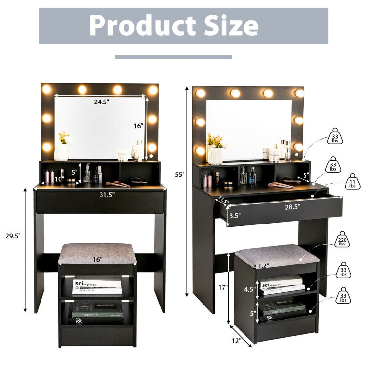 Vanity Table Set with Lighted Mirror and Cushioned Stool