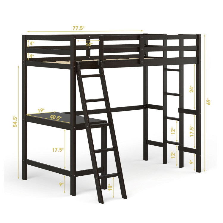 Twin Size Loft Bed Frame with Desk Angled and Built-In Ladder