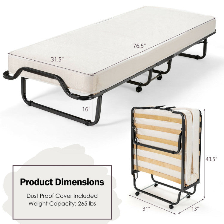 Made in Italy Rollaway Folding Bed with 4 Inch Mattress and Dust-Proof Bag