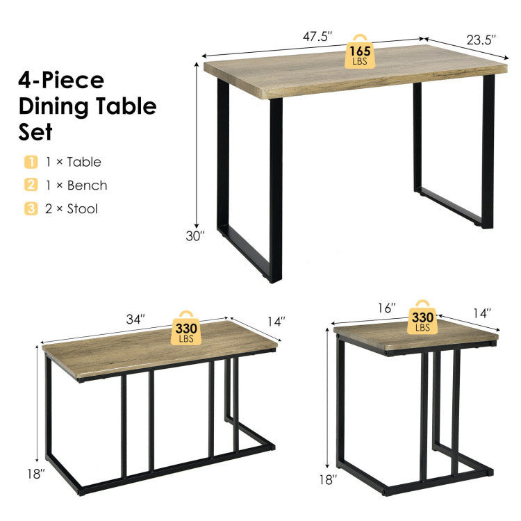 4 Pieces Industrial Dinette Set with Bench and 2 Stools