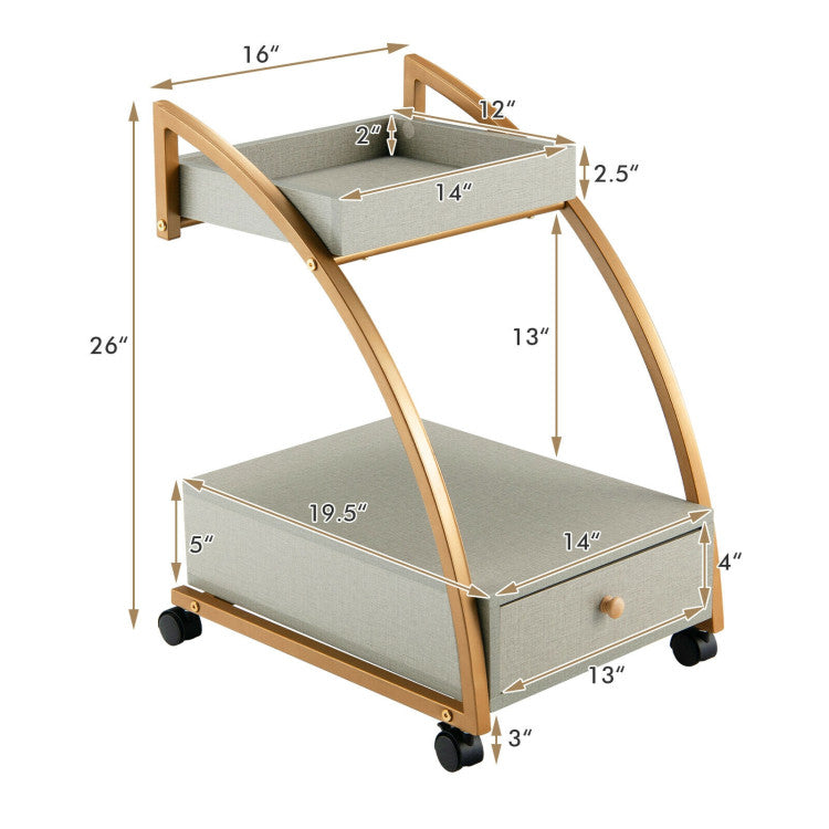 Modern 2-Tier Rolling End Table with Tray Top and Pull-Out Drawer