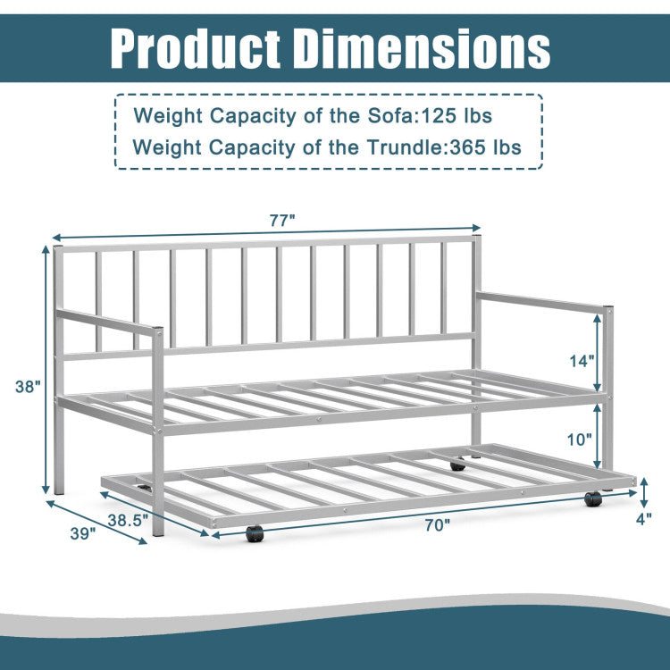 Twin Daybed Set with Metal Slat Support and Roll-Out Trundle