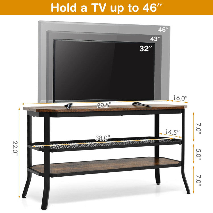 3-Tier Industrial Wooden TV Stand with Storage Shelves for Tvs up to 46 Inch