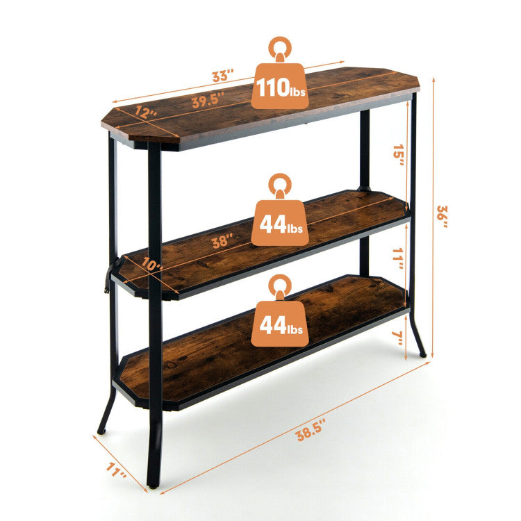 3-Tier Industrial Console Table with Open Storage Shelves and Steel Frame