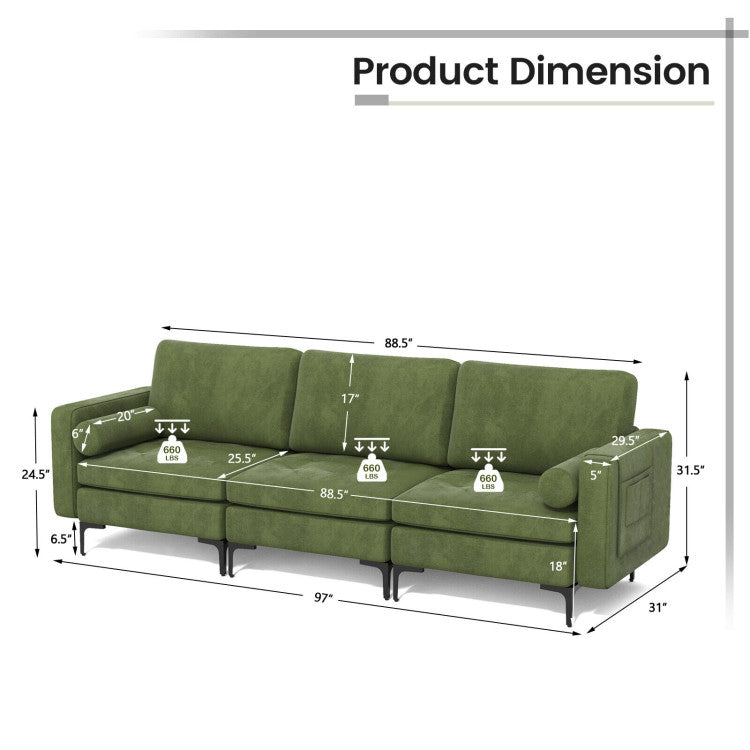 3-Seat Sofa Sectional with Side Storage Pocket and Metal Leg