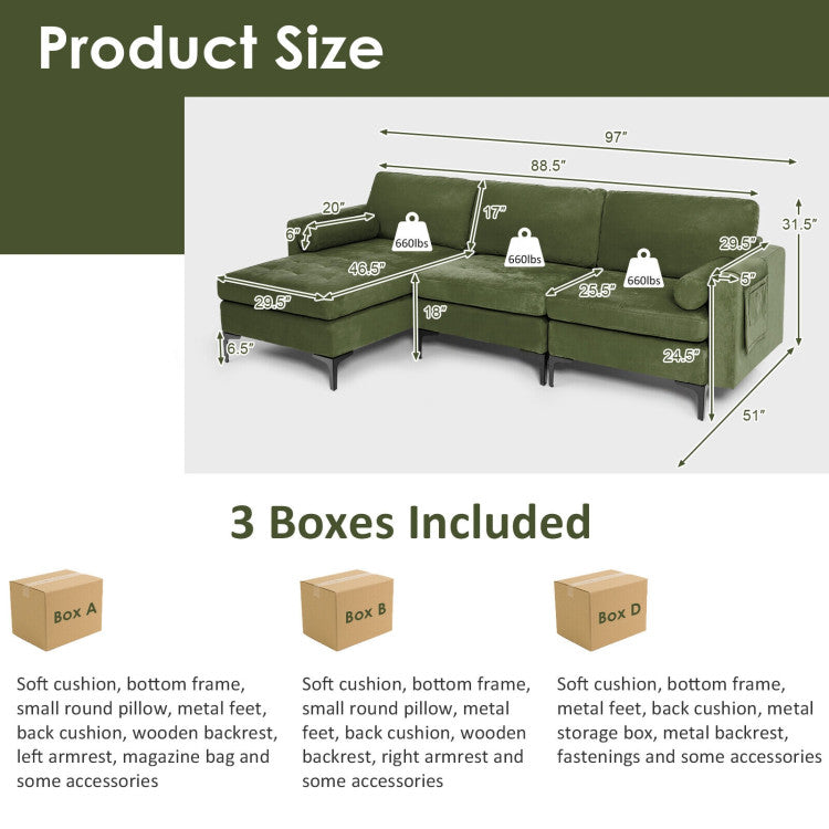 Modular L-Shaped Sectional Sofa with Reversible Chaise and 2 USB Ports