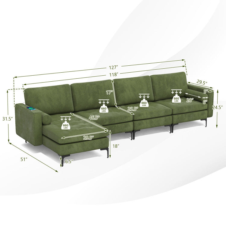 Modular L-Shaped Sectional Sofa with Reversible Chaise and 2 USB Ports