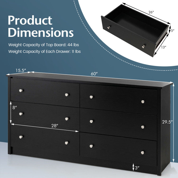 Freestanding 6-Drawer Dresser with Mental Knobs for Bedroom