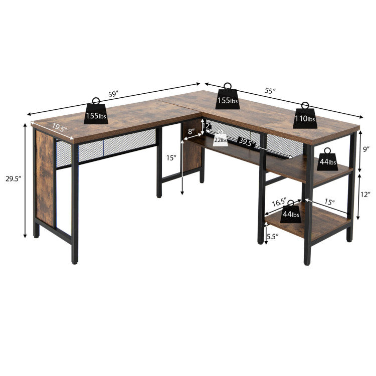 Industrial L-Shaped Corner Computer Desk Office Workstation with Storage Shelves