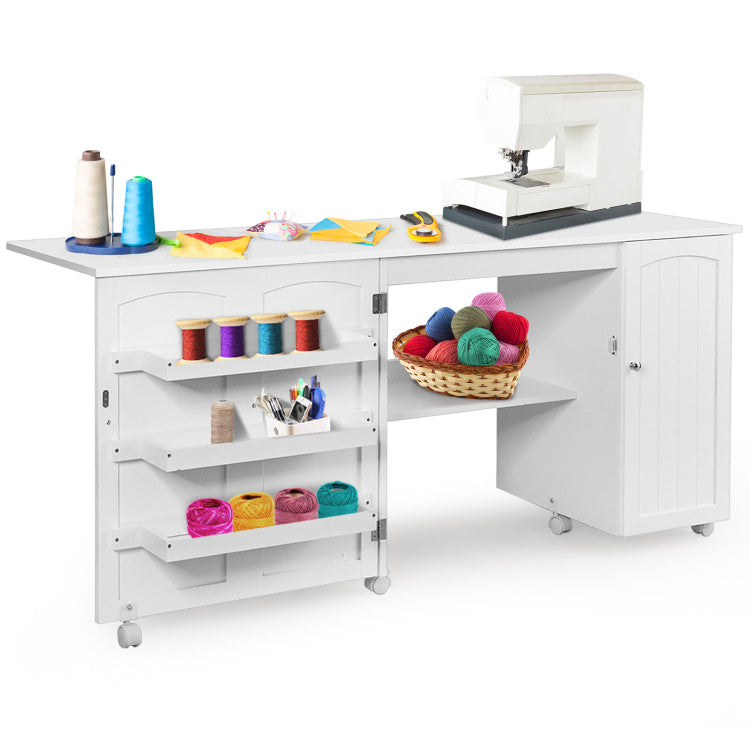 Folding Large Sewing Table Storage Shelves and Lockable Casters