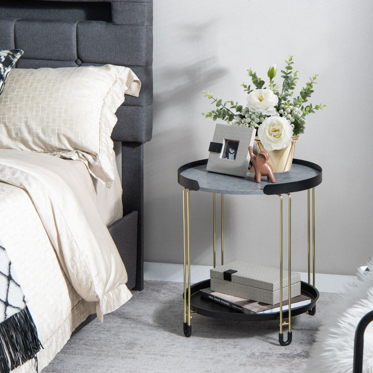 2-Tier round Side Table with Removable Tray and Metal Frame for Small Space