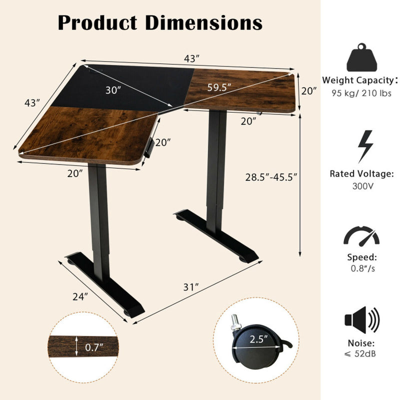 L-Shaped Electric Standing Desk with 4 Memory Positions and LCD Display