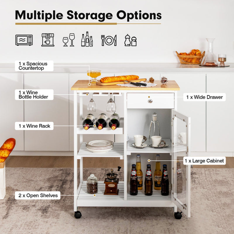 Rolling Trolley Cart with Drawer Glass Holder and Wine Rack for Kitchen