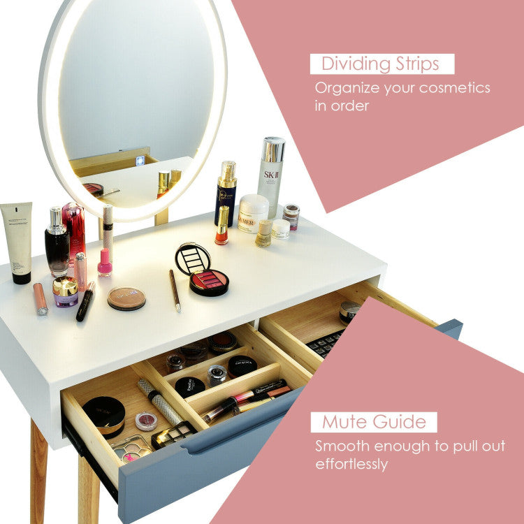 Touch Screen Vanity Makeup Table Stool Set with Lighted Mirror